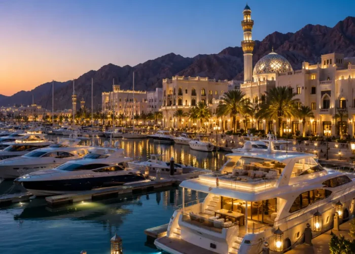 Luxury yachts docked at Al Mouj Marina in Muscat, Oman during a stunning sunset