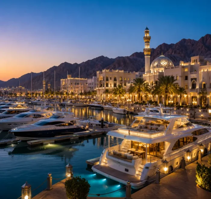 Luxury yachts docked at Al Mouj Marina in Muscat, Oman during a stunning sunset