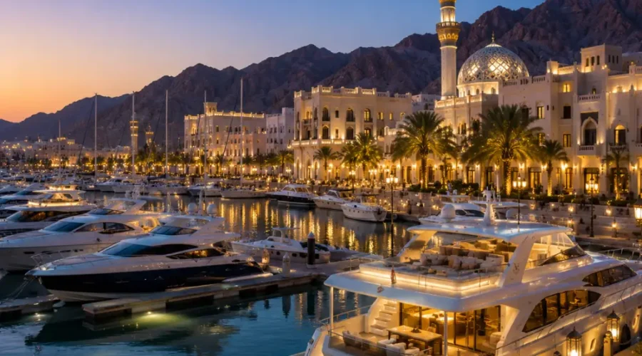 Luxury yachts docked at Al Mouj Marina in Muscat, Oman during a stunning sunset