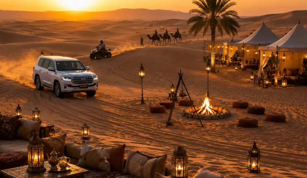 4x4 desert safari, luxury camp, camel ride, and campfire at sunset in the Wahiba Sands, Oman