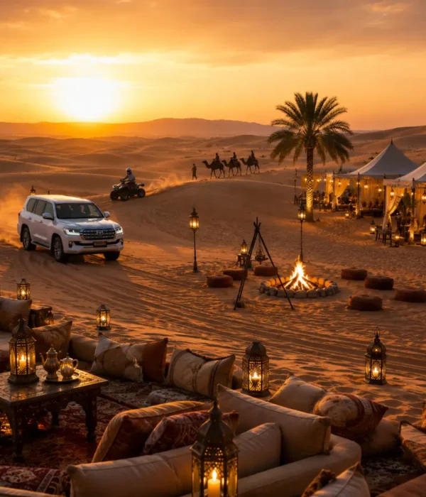 4x4 desert safari, luxury camp, camel ride, and campfire at sunset in the Wahiba Sands, Oman