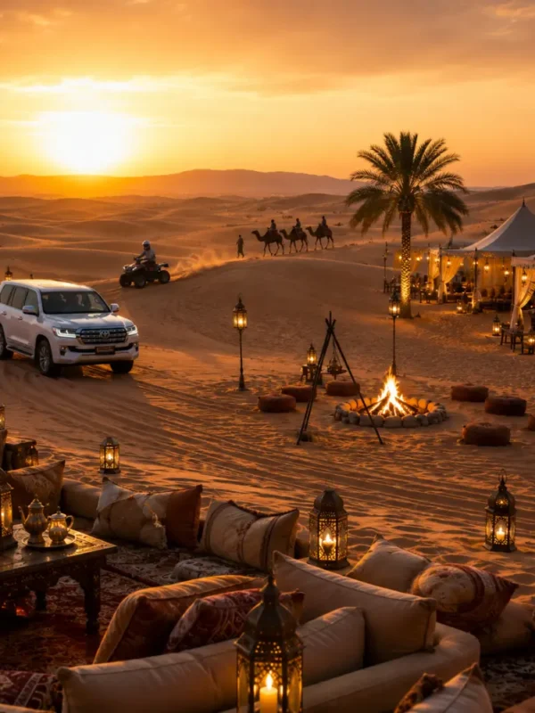 4x4 desert safari, luxury camp, camel ride, and campfire at sunset in the Wahiba Sands, Oman