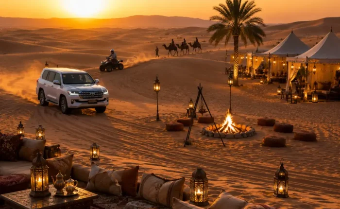 4x4 desert safari, luxury camp, camel ride, and campfire at sunset in the Wahiba Sands, Oman