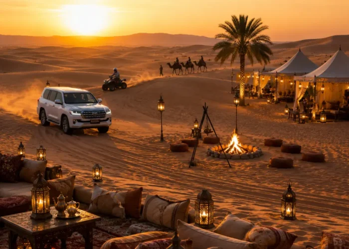 4x4 desert safari, luxury camp, camel ride, and campfire at sunset in the Wahiba Sands, Oman