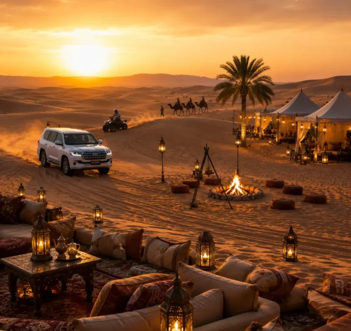 4x4 desert safari, luxury camp, camel ride, and campfire at sunset in the Wahiba Sands, Oman