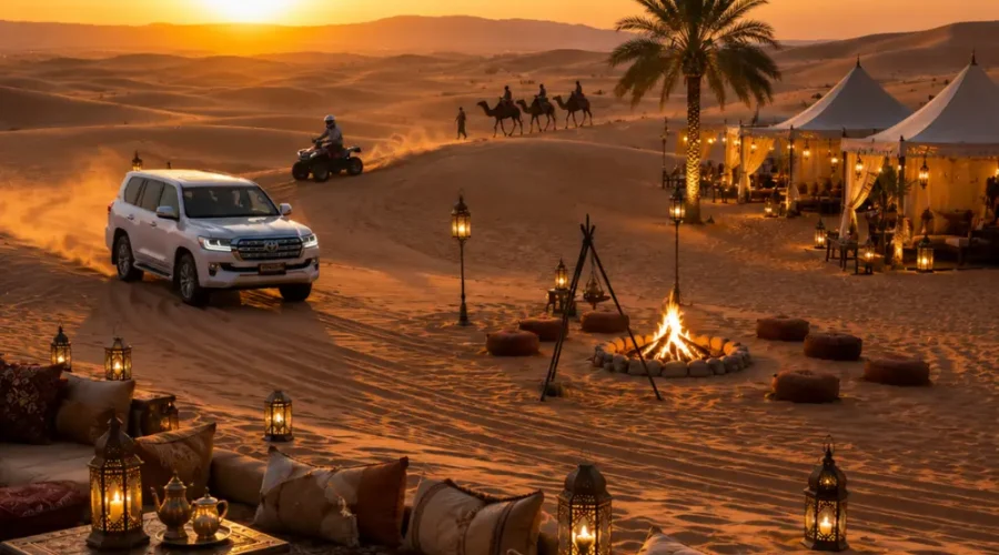 4x4 desert safari, luxury camp, camel ride, and campfire at sunset in the Wahiba Sands, Oman
