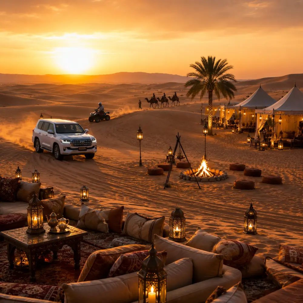 4x4 desert safari, luxury camp, camel ride, and campfire at sunset in the Wahiba Sands, Oman