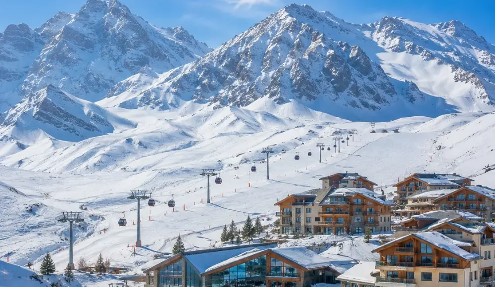 Shahdag Azerbaijan mountain resort with Caucasus peaks, green valley, luxury hotel, and bright morning atmosphere.