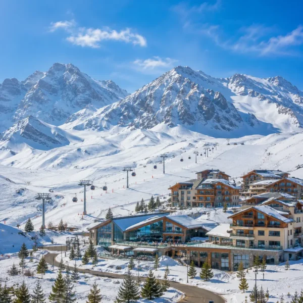 Shahdag Azerbaijan mountain resort with Caucasus peaks, green valley, luxury hotel, and bright morning atmosphere.