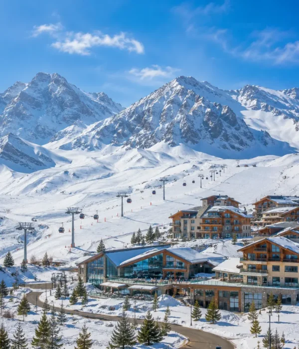 Shahdag Azerbaijan mountain resort with Caucasus peaks, green valley, luxury hotel, and bright morning atmosphere.