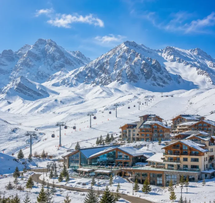 Shahdag Azerbaijan mountain resort with Caucasus peaks, green valley, luxury hotel, and bright morning atmosphere.