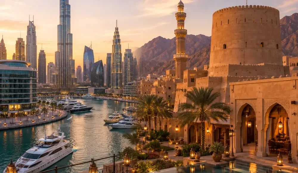 Oman and Dubai twin destination tour featuring Burj Khalifa, Dubai Marina, Nizwa Fort, and luxury resorts