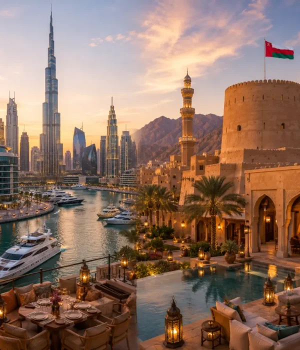 Oman and Dubai twin destination tour featuring Burj Khalifa, Dubai Marina, Nizwa Fort, and luxury resorts