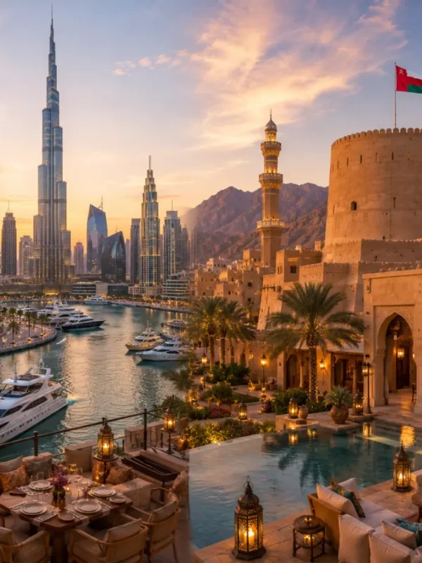 Oman and Dubai twin destination tour featuring Burj Khalifa, Dubai Marina, Nizwa Fort, and luxury resorts