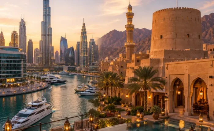 Oman and Dubai twin destination tour featuring Burj Khalifa, Dubai Marina, Nizwa Fort, and luxury resorts