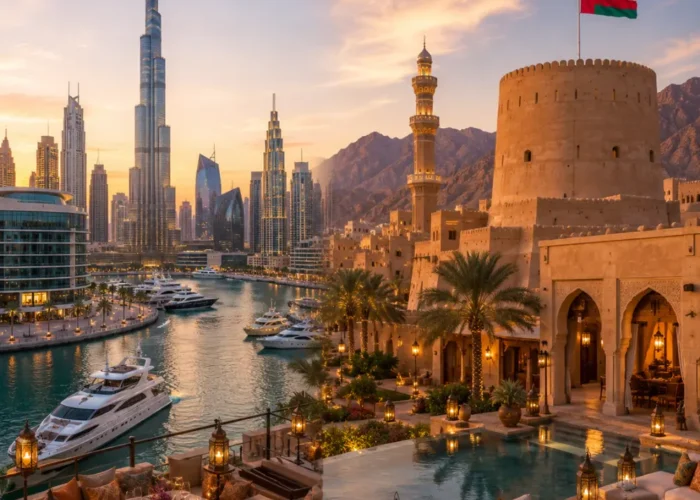 Oman and Dubai twin destination tour featuring Burj Khalifa, Dubai Marina, Nizwa Fort, and luxury resorts