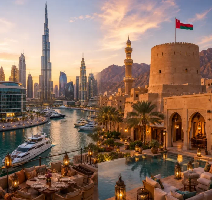 Oman and Dubai twin destination tour featuring Burj Khalifa, Dubai Marina, Nizwa Fort, and luxury resorts