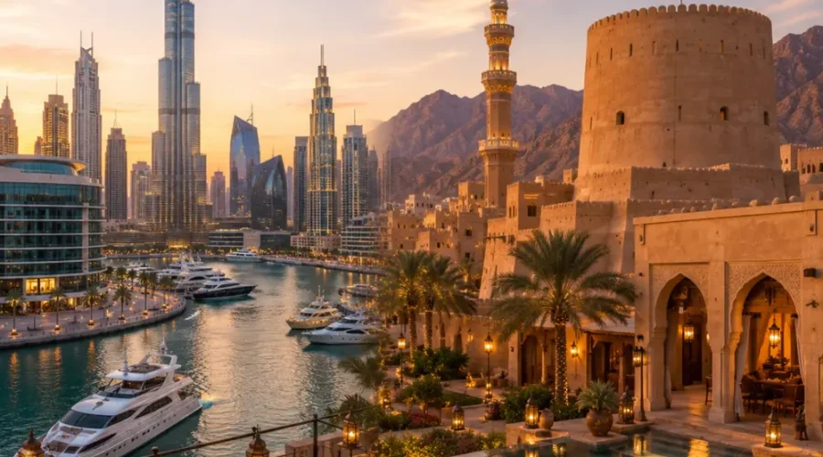 Oman and Dubai twin destination tour featuring Burj Khalifa, Dubai Marina, Nizwa Fort, and luxury resorts