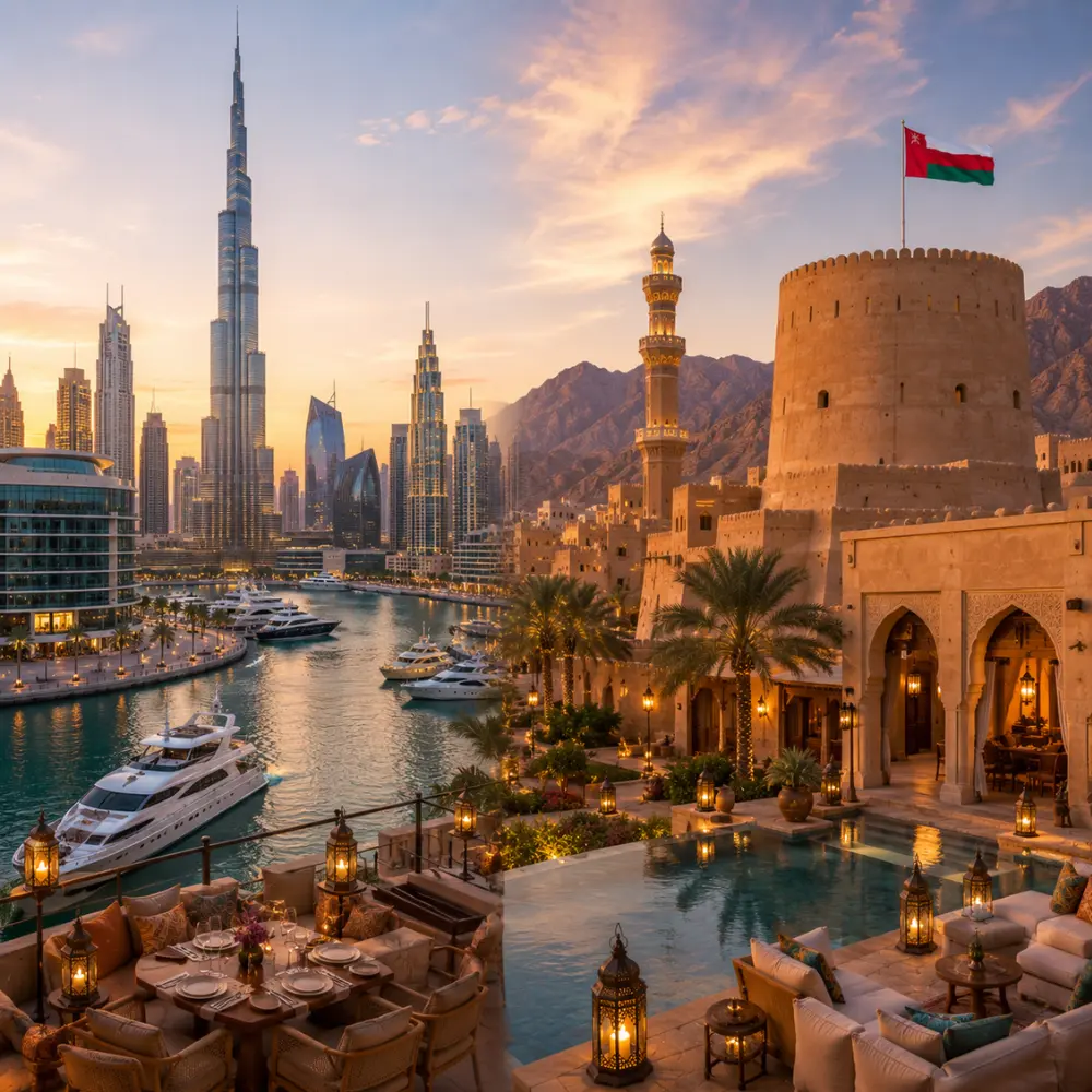 Oman and Dubai twin destination tour featuring Burj Khalifa, Dubai Marina, Nizwa Fort, and luxury resorts