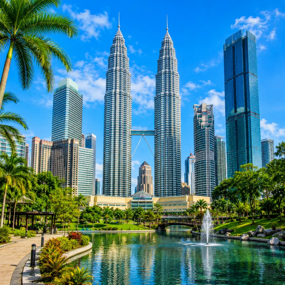 Ultra-clear square view of Kuala Lumpur with the Petronas Twin Towers, tropical greenery, and a premium modern cityscape.