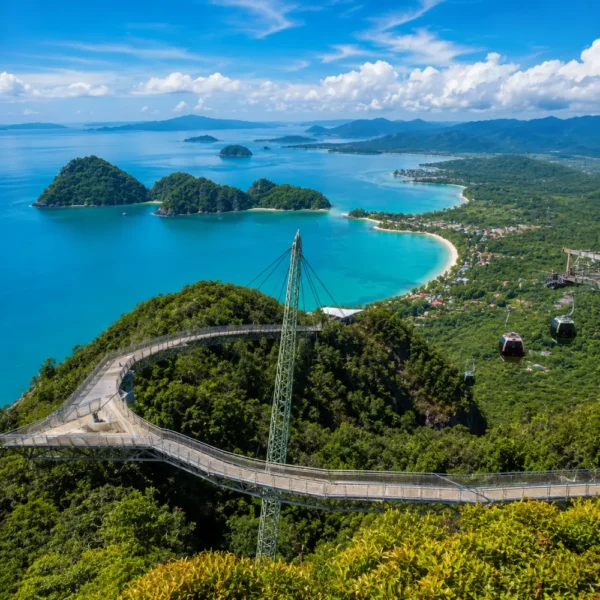 Crystal-clear tropical beach in Langkawi with turquoise water, limestone islands, luxury resort villas, and lush rainforest scenery.