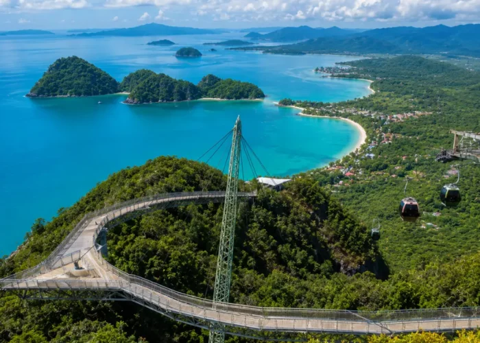 Crystal-clear tropical beach in Langkawi with turquoise water, limestone islands, luxury resort villas, and lush rainforest scenery.