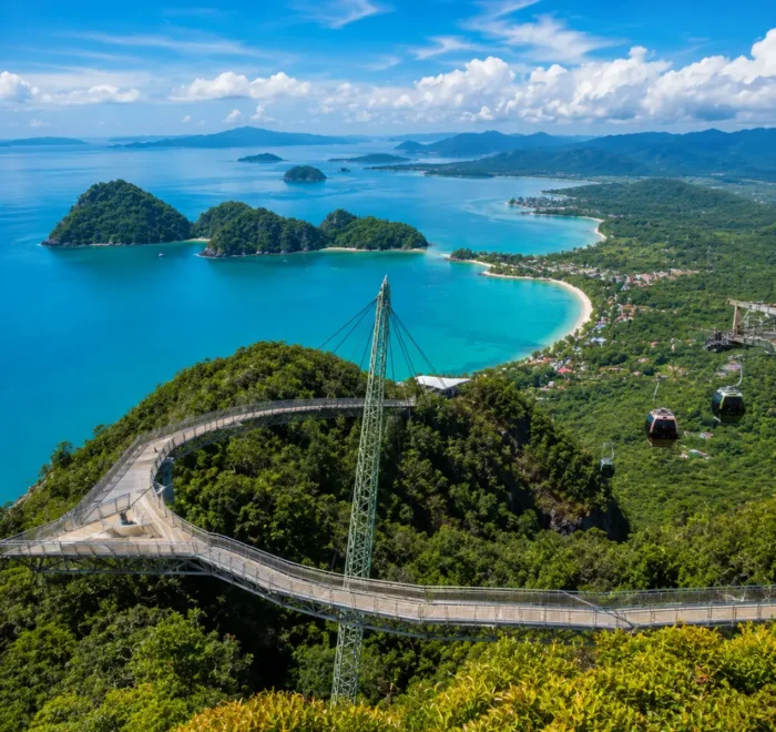 Crystal-clear tropical beach in Langkawi with turquoise water, limestone islands, luxury resort villas, and lush rainforest scenery.