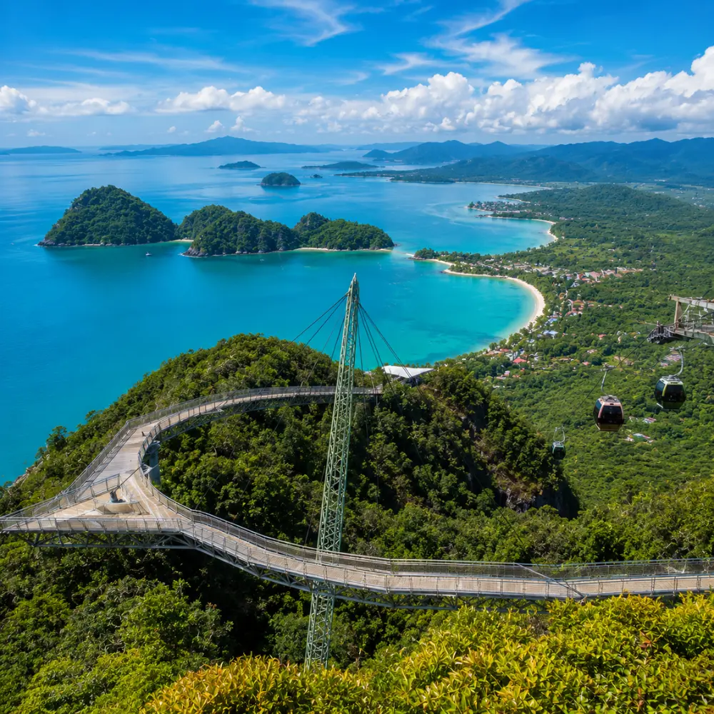 Crystal-clear tropical beach in Langkawi with turquoise water, limestone islands, luxury resort villas, and lush rainforest scenery.