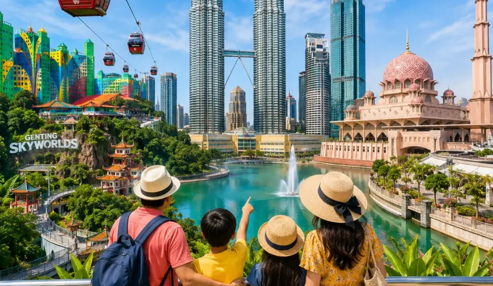 Happy family exploring Malaysia with Kuala Lumpur’s iconic skyline, tropical greenery, and a premium city park setting.