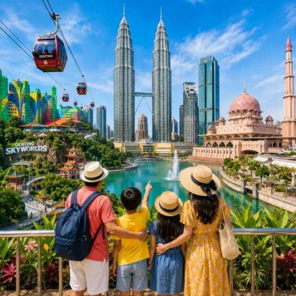 Happy family exploring Malaysia with Kuala Lumpur’s iconic skyline, tropical greenery, and a premium city park setting.