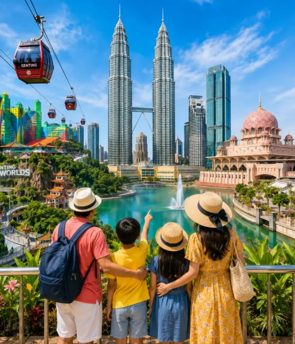 Happy family exploring Malaysia with Kuala Lumpur’s iconic skyline, tropical greenery, and a premium city park setting.
