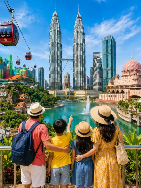 Happy family exploring Malaysia with Kuala Lumpur’s iconic skyline, tropical greenery, and a premium city park setting.