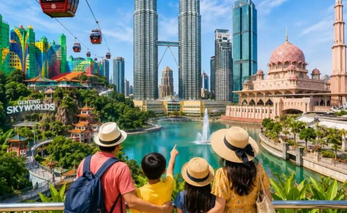 Happy family exploring Malaysia with Kuala Lumpur’s iconic skyline, tropical greenery, and a premium city park setting.