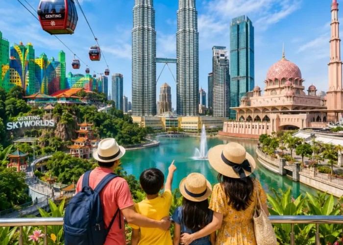 Happy family exploring Malaysia with Kuala Lumpur’s iconic skyline, tropical greenery, and a premium city park setting.