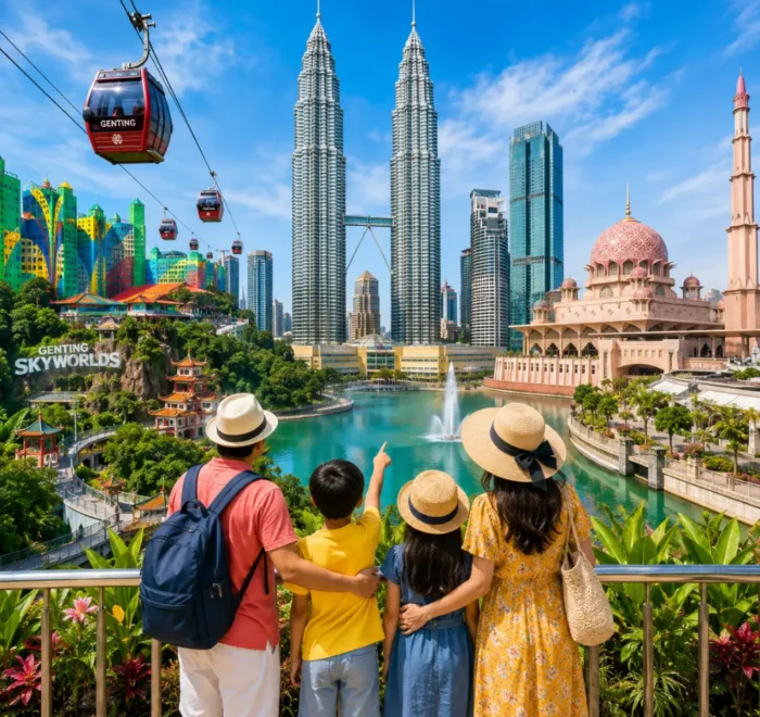Happy family exploring Malaysia with Kuala Lumpur’s iconic skyline, tropical greenery, and a premium city park setting.