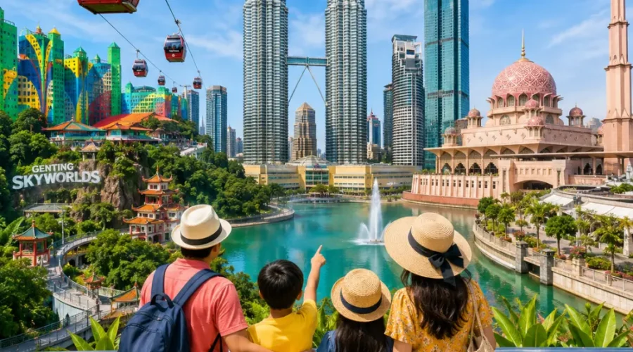 Happy family exploring Malaysia with Kuala Lumpur’s iconic skyline, tropical greenery, and a premium city park setting.