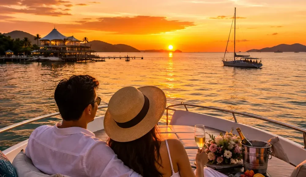 Romantic couple enjoying a luxury sunset cruise in Malaysia with calm tropical waters, elegant yacht seating, and island scenery.