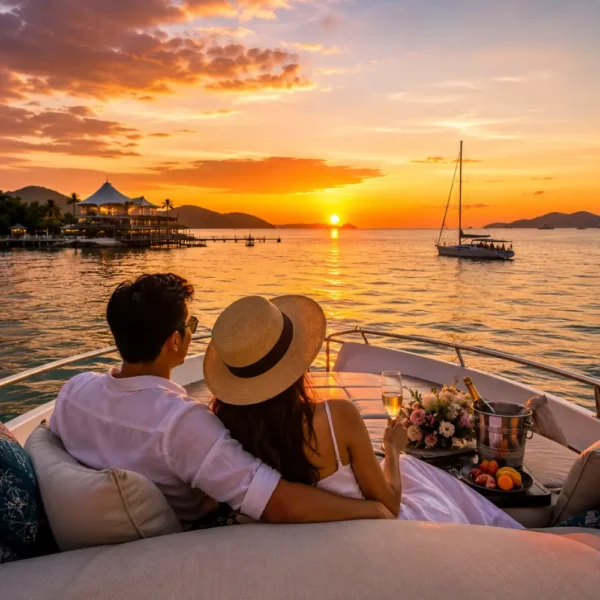 Romantic couple enjoying a luxury sunset cruise in Malaysia with calm tropical waters, elegant yacht seating, and island scenery.