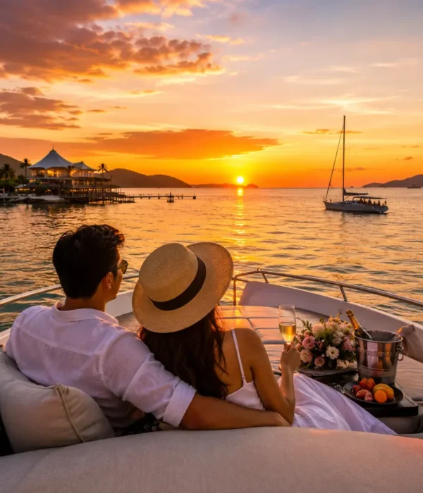 Romantic couple enjoying a luxury sunset cruise in Malaysia with calm tropical waters, elegant yacht seating, and island scenery.