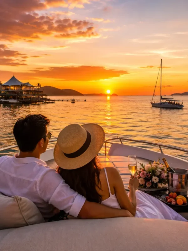 Romantic couple enjoying a luxury sunset cruise in Malaysia with calm tropical waters, elegant yacht seating, and island scenery.