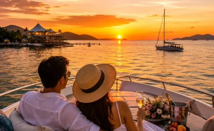 Romantic couple enjoying a luxury sunset cruise in Malaysia with calm tropical waters, elegant yacht seating, and island scenery.