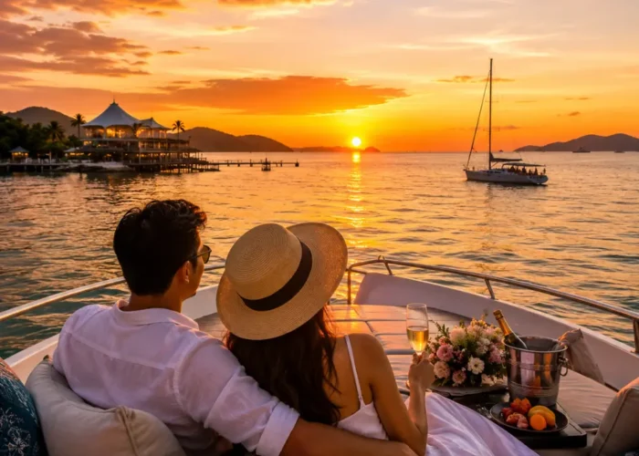 Romantic couple enjoying a luxury sunset cruise in Malaysia with calm tropical waters, elegant yacht seating, and island scenery.