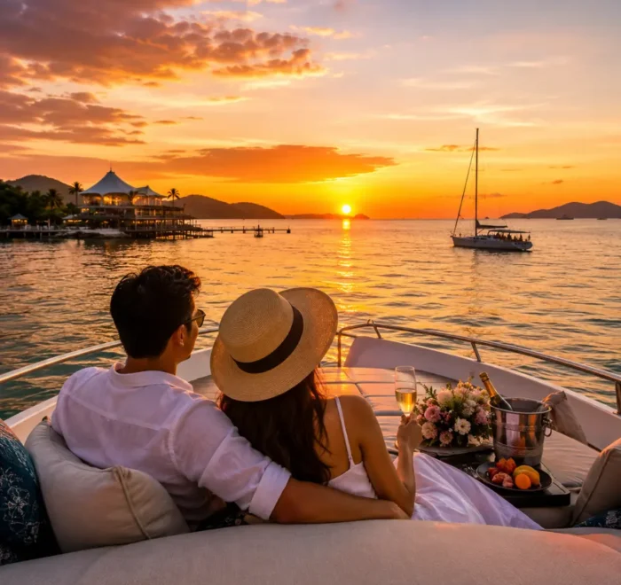 Romantic couple enjoying a luxury sunset cruise in Malaysia with calm tropical waters, elegant yacht seating, and island scenery.