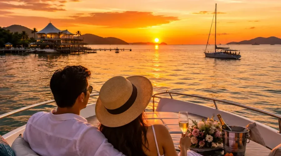 Romantic couple enjoying a luxury sunset cruise in Malaysia with calm tropical waters, elegant yacht seating, and island scenery.