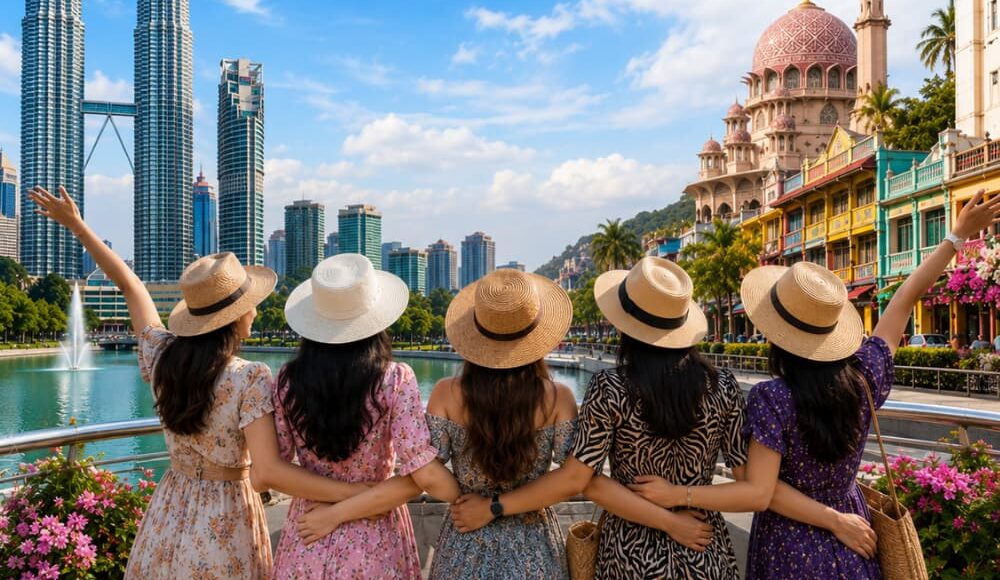 Group of women enjoying a premium Malaysia city tour with the Petronas Twin Towers, tropical gardens, and elegant urban scenery.