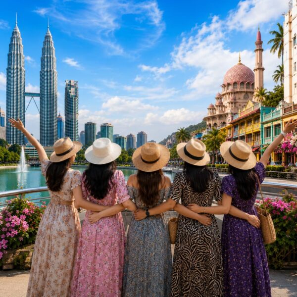 Group of women enjoying a premium Malaysia city tour with the Petronas Twin Towers, tropical gardens, and elegant urban scenery.