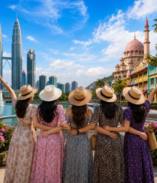 Group of women enjoying a premium Malaysia city tour with the Petronas Twin Towers, tropical gardens, and elegant urban scenery.