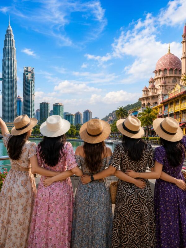 Group of women enjoying a premium Malaysia city tour with the Petronas Twin Towers, tropical gardens, and elegant urban scenery.