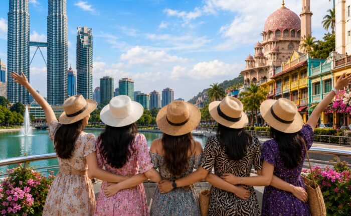 Group of women enjoying a premium Malaysia city tour with the Petronas Twin Towers, tropical gardens, and elegant urban scenery.