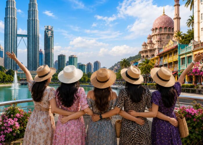 Group of women enjoying a premium Malaysia city tour with the Petronas Twin Towers, tropical gardens, and elegant urban scenery.
